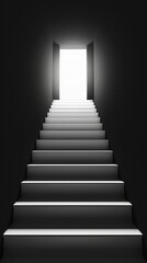 Stairs ascend toward an open doorway flooded with bright light, contrasting sharply with the surrounding darkness, evoking feelings of hope and possibility