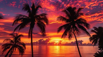 A tropical sunset with vibrant orange and pink hues, palm trees silhouetted against the glowing sky