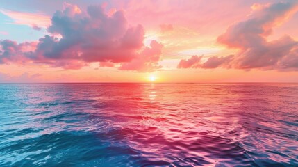 Obraz premium A vibrant tropical sunset over the ocean, with pink and orange hues reflecting off the calm waves
