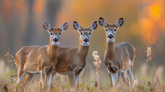 Three white-tailed bucks standing in a field during golden hour