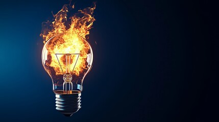 Fire and flames from a light bulb isolated on a blue background.
