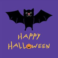 Halloween greeting card with cute cartoon bat. Vector illustration