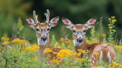 Fototapeta premium Two white-tailed deer bucks with velvet antlers in lush meadow
