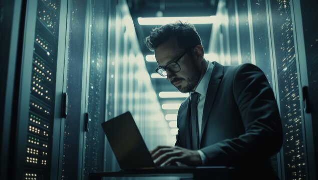 Businessman Working on Laptop in Data Center Server Room with Virtual Network Holograms