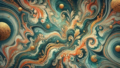 Luxurious Marbling Background. Paint Swirls in Beautiful Teal and Orange Colors, with Gold Powder