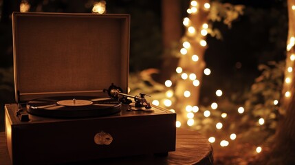 A golden light blurr background surrounds an old turntable playing music on black vinyl.