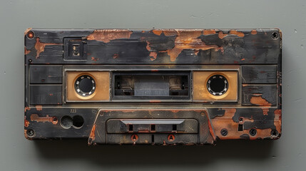 Naklejka premium Vintage cassette tape with weathered surface on white background