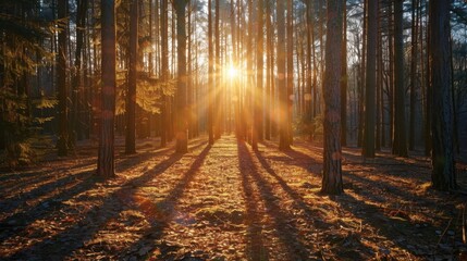 Fototapeta premium Golden hour over a forest, with the sun filtering through the trees and casting long shadows on the ground