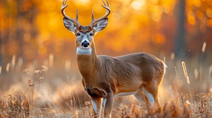 Majestic white-tailed deer buck standing in vibrant autumn forest