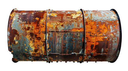 Old Rusty Oil Drum Displaying a Weathered and Corroded Surface with Vibrant Orange and Blue Hues