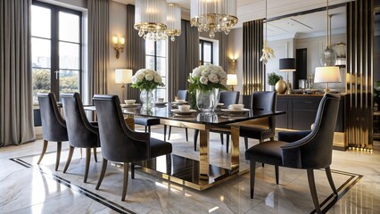 Luxurious monochromatic modern dining table setting with sleek black lacquer finish mirrored legs velvet upholstered chairs gold metallic accents crisp white linens sophisticated ambiance