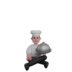 3D Professional Chef Character. A chef is sitting cross-legged on the floor while holding a silver tray with a food cover. Male Cook