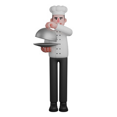 Male Chef in Action. A chef is lifting the food cover off a silver tray, ready to serve the dish. 3D Culinary Scene