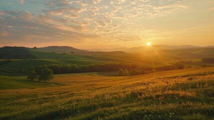 Golden hour over a serene countryside, with the sun setting behind rolling hills and the sky glowing with warm colors