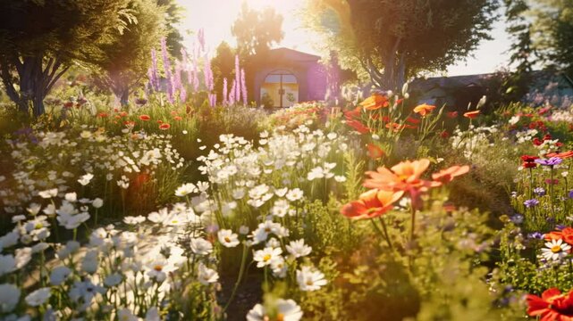 Beautiful summer private garden with many flowers and plants, nature landscape, english countryside cottage style.	
