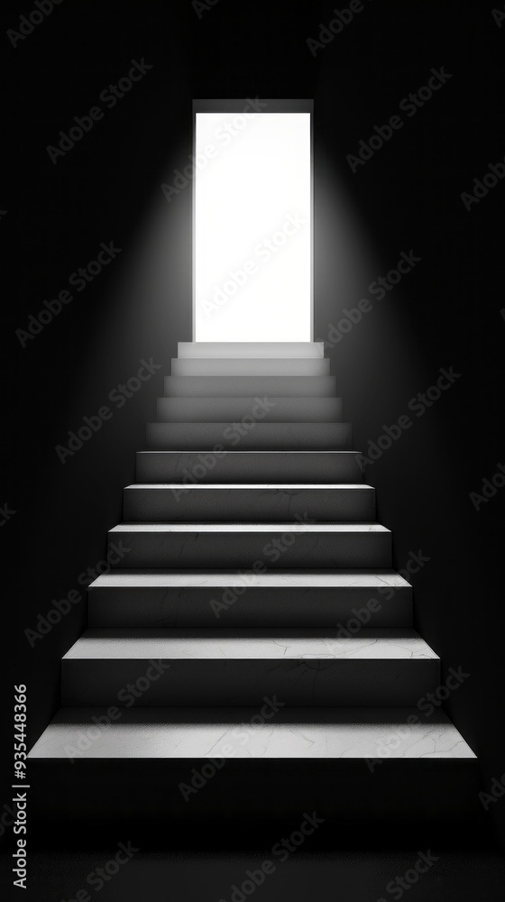 Poster a set of stairs leads upward to a bright light, illuminating the dark corridor. this setting evokes 