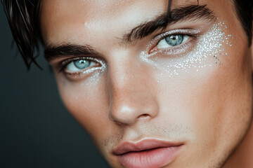 Fototapeta premium Close-Up of Man with Subtle Silver Glitter Makeup and Intense Blue Eyes