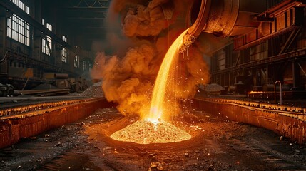Liquid metal pouring from a furnace creating sparks 
