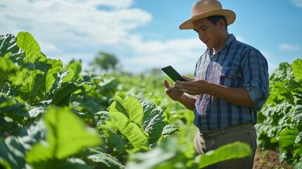 Fototapeta premium Farmer checking crop data on a mobile device in a green field under a bright sky