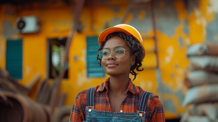 Fototapeta premium Confident young black female architect in hard hat at construction site