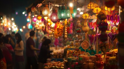 Diwali Market Stall Selling Decorations – A bustling market stall filled with colorful decorations like lanterns, diyas, and garlands, with people browsing and shopping. 