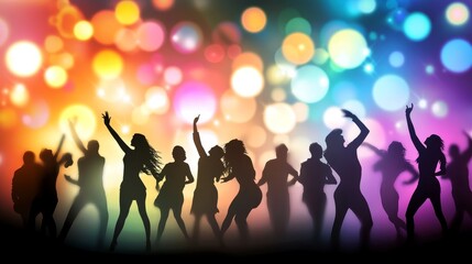 Theres a DJ nightclub party in the background with a neon light effect generating a group of happy people.