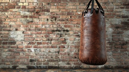 Hanging vintage punch bag on brick wall.