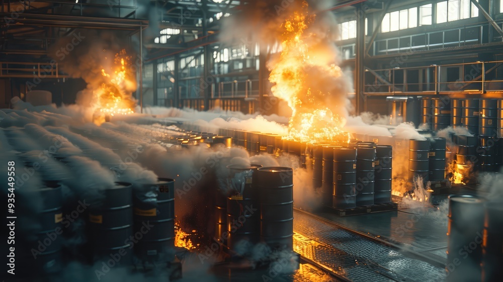 Poster indoor battery factory with rows of batteries and a storage site, one of them on fire, smoke billowi