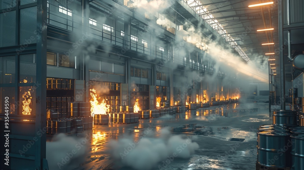 Poster indoor battery factory with rows of batteries and a storage site, one of them on fire, smoke billowi