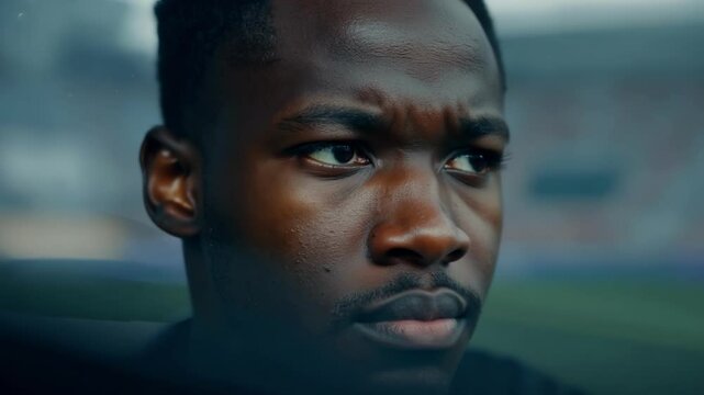 Focused athlete resting, determined to push limits in sport. Intense, serious expression shows ambition for success. Strong, powerful close up portrait embodies healthy, goal oriented mindset