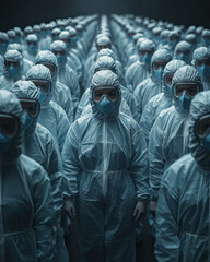 Portrait of medical personnel wearing masks and protective suits, generative ai