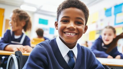 During Pride month, young black disabled boy with disability smiles in a diverse classroom. Rainbow flag. LGBTQ+ educational initiative.
