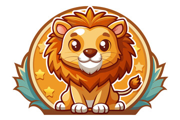 Naklejka premium Cute Cartoon Lion Sitting on a Starry Round Badge