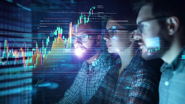 Focused individuals monitoring financial data on screens, representing technology and investment trends in a modern workspace.
