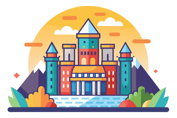 Fototapeta premium A Vibrant Colorful Castle Amidst Lush Greenery and Mountains