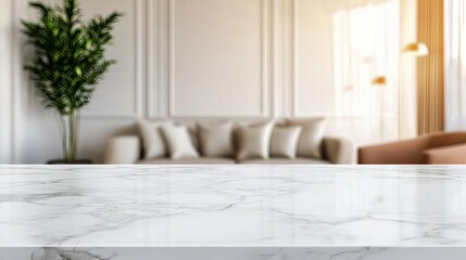 Fototapeta na wymiar Beautiful empty white marble table top and blurred defocused luxurious living room background with warm ambient lighting, product montage display