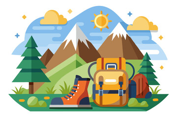 Hiking Gear and Mountain Landscape with Sunny Sky