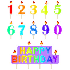 Birthday candles set in rainbow colors, number candles isolated on white. Vector illustration EPS10.