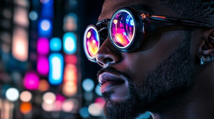 The data center of a dark tech office contains blue lighting in which an African American cybersecurity specialist ethical hacks against AI cyberspace threats.