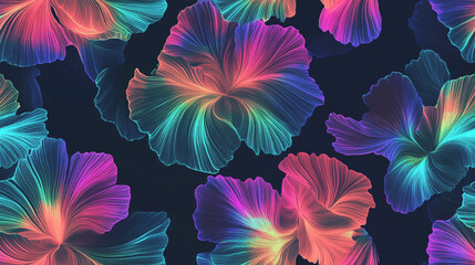 A seamless pattern with minimalistic holographic flowers - Glowing neon rainbow background.	