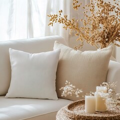 Beautifully designed elegant sofa adorned with soft textured pillows and unique decorative elements White Square Pillow Mockup