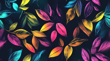 A seamless pattern with minimalistic holographic summer leaves - Glowing neon rainbow background.	