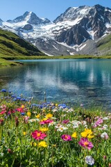 A serene alpine lake with crystal-clear blue water reflecting the snow-capped peaks of surrounding mountains, dotted with vibrant wildflowers along the shore. 