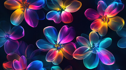 A seamless pattern with minimalistic holographic flowers - Glowing neon rainbow background.	