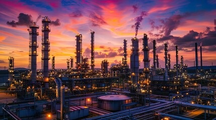Fototapeta premium A sprawling petrochemical plant at twilight, with lights illuminating the various towers, tanks, and pipelines against a backdrop of a vibrant orange and purple sky.