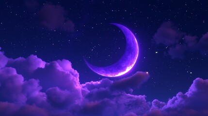 Soft purple clouds and a crescent moon with dazzling stars