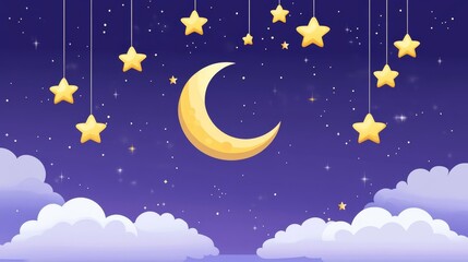Fototapeta premium Above lavender clouds, a glowing crescent moon and sparkling stars create a serene twilight sky.