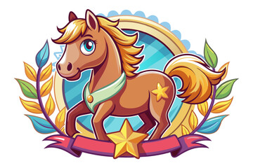 Cartoon Horse with Golden Star and Ribbon