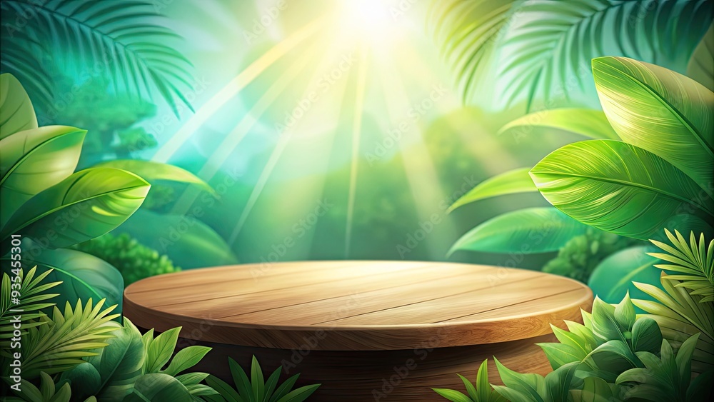 Canvas Prints The wooden floor is placed amidst lush green trees filled with sunlight.