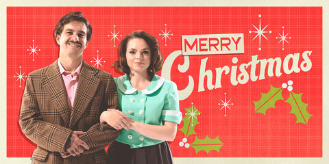 Charming couple posing in retro style, spreading holiday cheer. Merry Christmas in vintage font with festive holly accents. Contemporary art. Concept of winter, holiday. Retro style. Poster, postcard